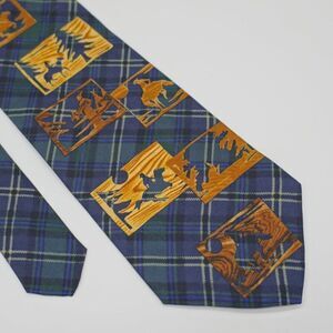 Structure Blue Green Plaid Cowboy‎ Novelty Print Short Wide Silk Tie Italian